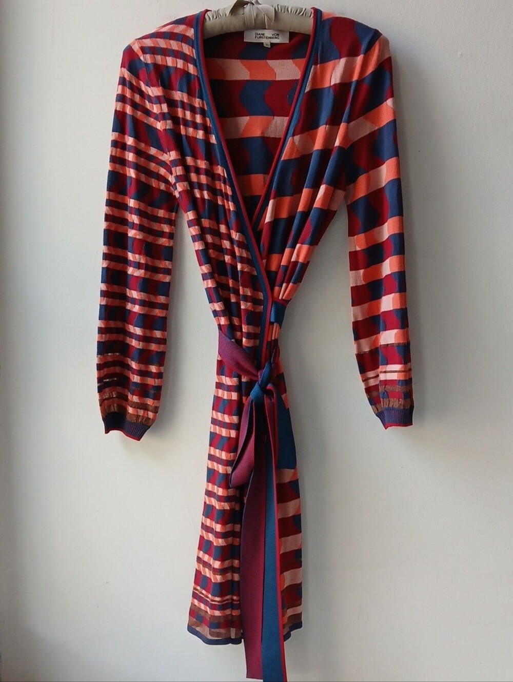 Diane Von Furstenberg Navy Red & Coral Long Sleeve Wrap Dress